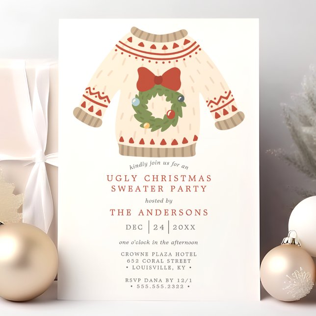 Invitation Fête de Noël avec un pull moche et collant couronn (Créateur téléchargé)