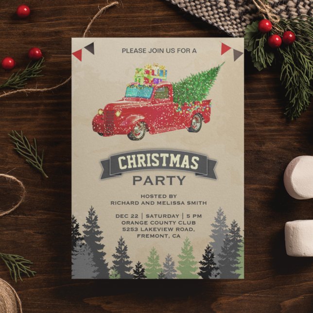 Invitation Fête de Noël avec un vieux pick-up rouge (Créateur téléchargé)