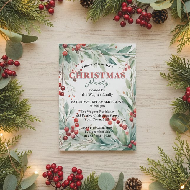 Invitation Fête de Noël avec verdure aquarelle et baies rouge (Créateur téléchargé)