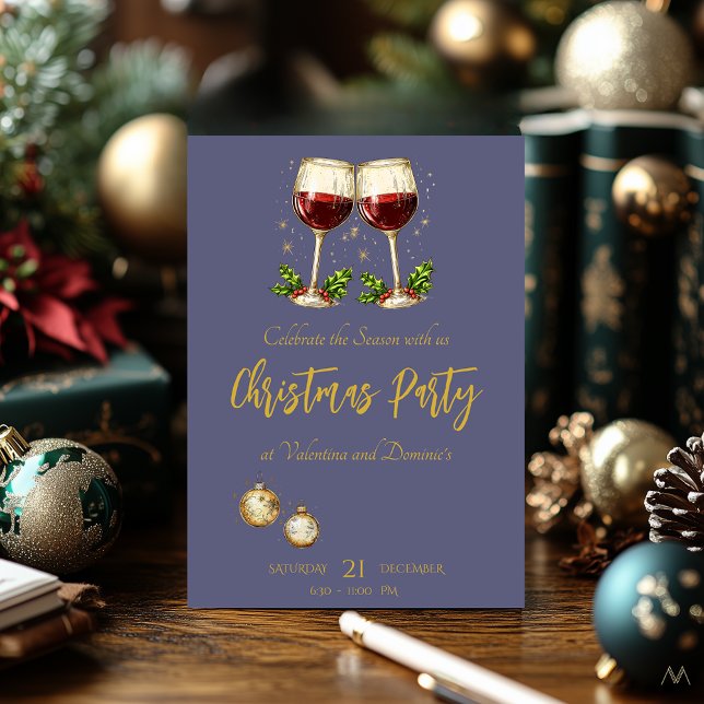 Invitation Fête de Noël avec verres à vin sur fond violet (Créateur téléchargé)