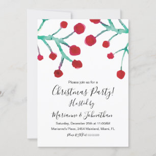 Invitation Fête de Noël Baies à l'aquarelle Peintes à la main