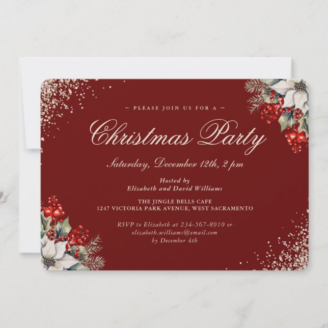 Invitation Fête de Noël Baies de houx Or Rouge (Devant)