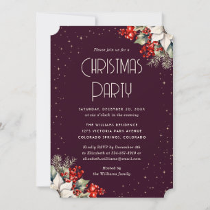 Invitation Fête de Noël Baies Houx Poinsettia Violet