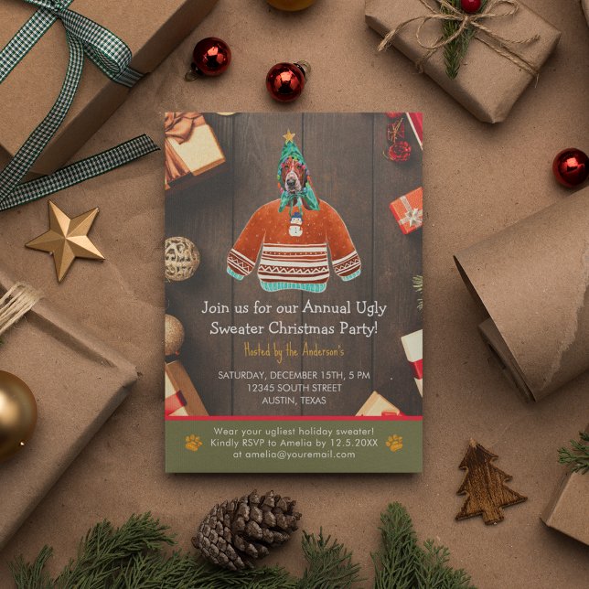 Invitation Fête de Noël Basset Hound Sweater hideux (Front)
