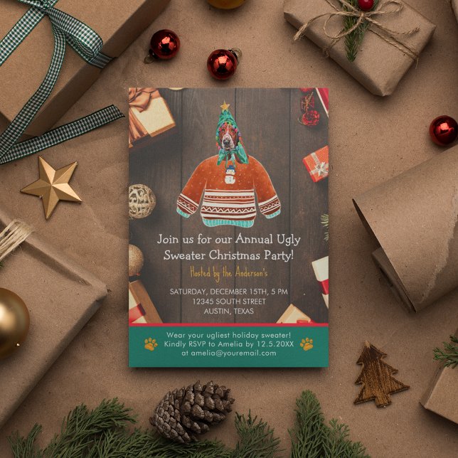 Invitation Fête de Noël Basset Hound Sweater hideux (Front)