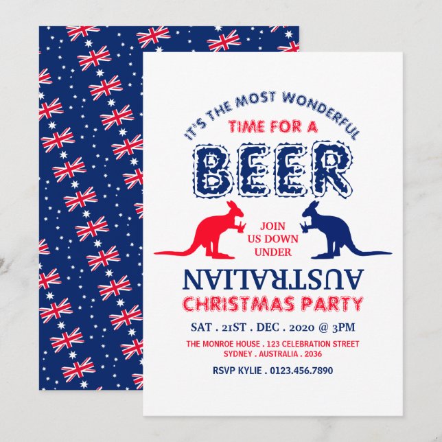 Invitation Fête de Noël Bière de Kangourou, Drapeau Australie (Devant / Derrière)
