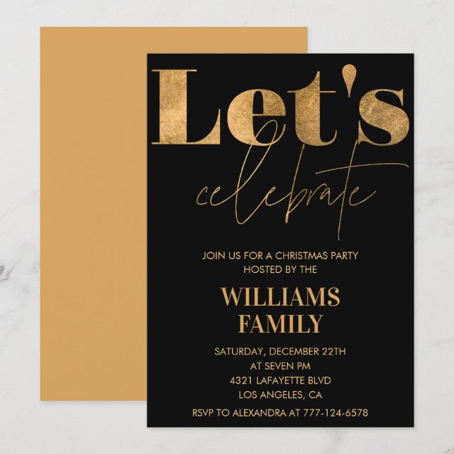Invitation Fête de Noël Black Gold Fêtons (Devant / Derrière)