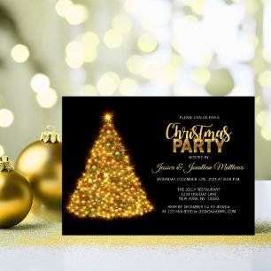 Invitation FÊTE DE NOËL Black Gold Twinkles Lumières Arbre
