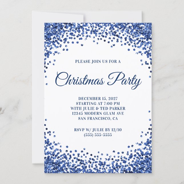 Invitation Fête de Noël blanche avec bordure pailletée bleu m (Devant)