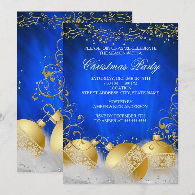 Invitation Fête de Noël Blanche Bulle d'Or Bleu Royal (Devant / Derrière)
