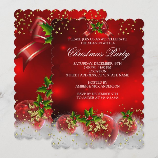 Invitation Fête de Noël Blanche Neige Rouge Or Vert Sapin (Devant / Derrière)