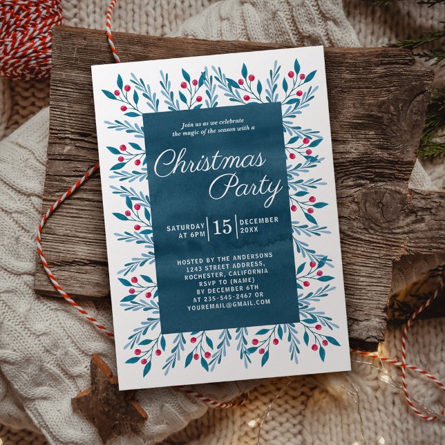 Invitation Fête de Noël Bleu Aquarelle Botanique (Créateur téléchargé)
