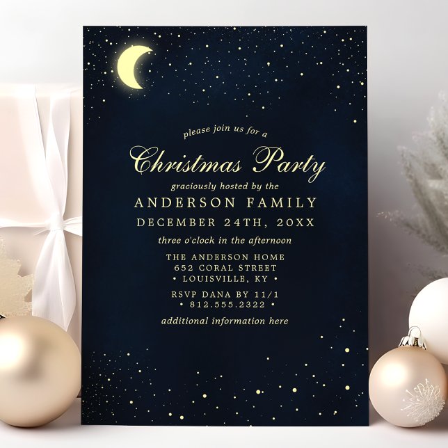 Invitation Fête de Noël Bleu de Minuit Lune Céleste Étoiles (Créateur téléchargé)
