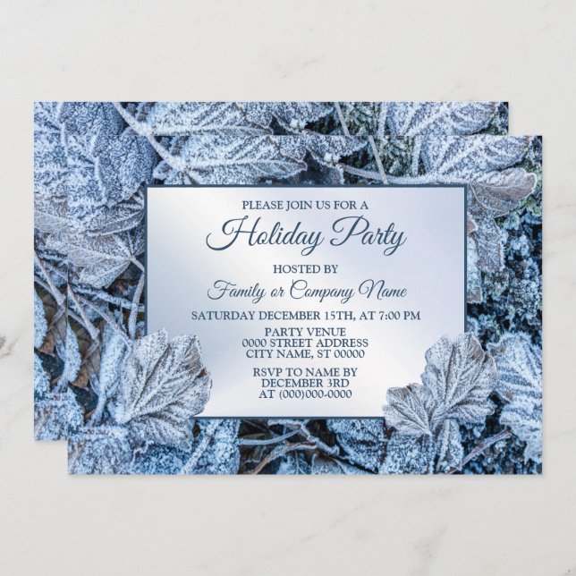 Invitation Fête de Noël Bleu Feuille Vacances de neige hiver (Devant / Derrière)