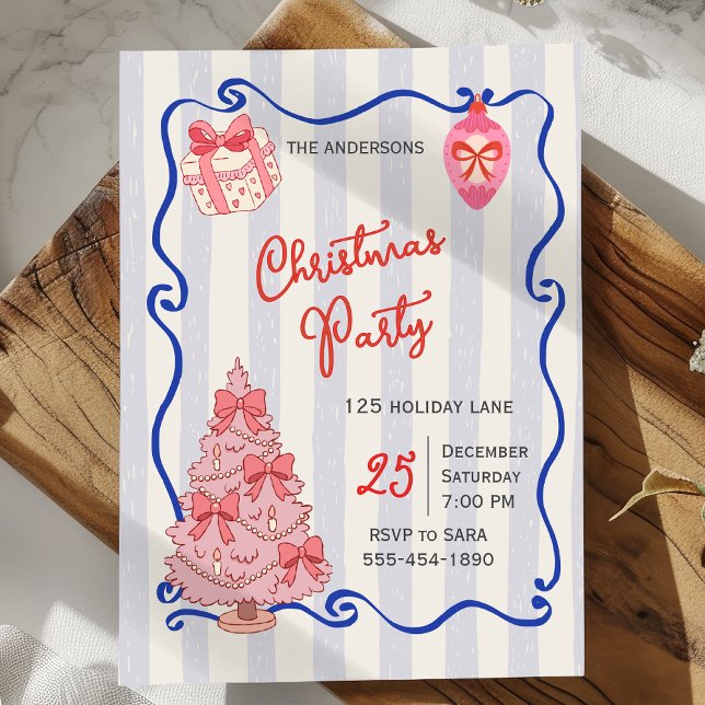 Invitation Fête de Noël bleu rose au dessin à main levée (Créateur téléchargé)