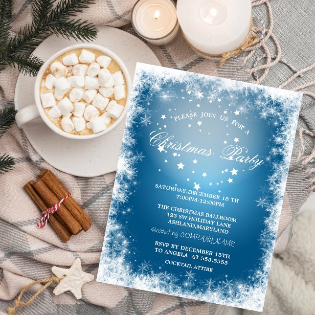 Invitation Fête de Noël bleue,Flocons de neige,Etoiles (Créateur téléchargé)