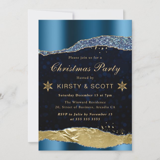 Invitation Fête de Noël Blue and Gold Glam Tears (Devant)