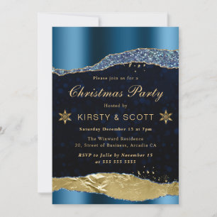 Invitation Fête de Noël Blue and Gold Glam Tears