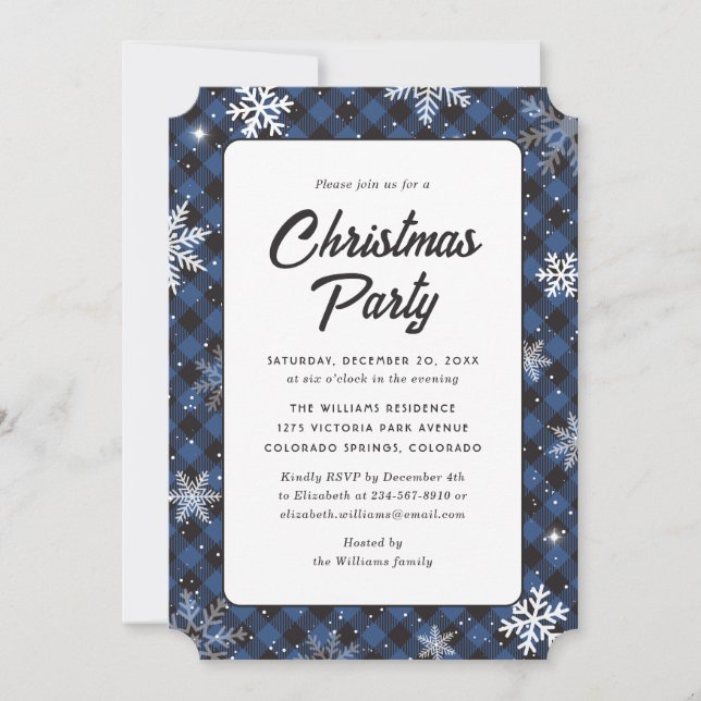 Invitation Fête de Noël Blue Buffalo à carreaux et flocon de  (Devant)