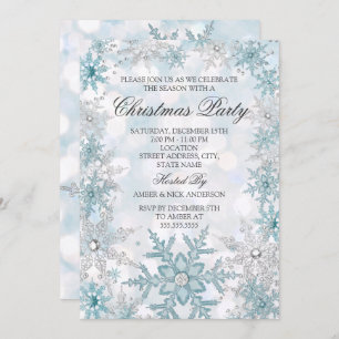 Invitation Fête de Noël Blue Silver Crystal Snowflake 2021