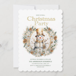 Invitation Fête de Noël Bonhomme de Neige Blanc Doré Verdure