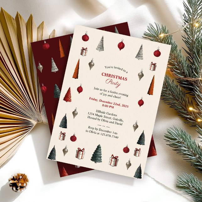 Invitation Fête de Noël bordeaux et beige rétro (Créateur téléchargé)