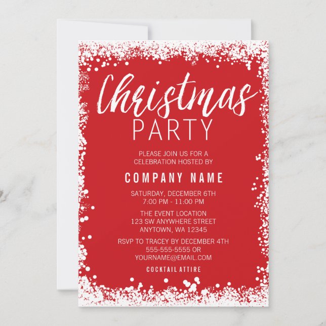 Invitation Fête de Noël Bordure de Neige Rouge et Blanche (Devant)