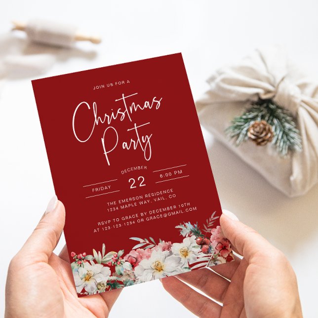 Invitation Fête de Noël botanique (Elegant Red Christmas Party Holiday Invitation Watercolor Berries Botanical Florals)