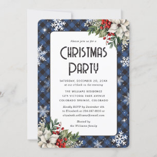 Invitation Fête de Noël Botanique à carreaux bleus d'hiver