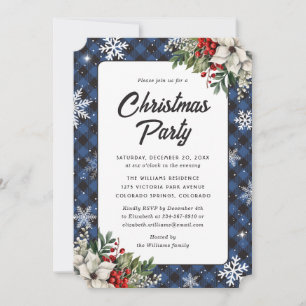 Invitation Fête de Noël Botanique carreau bleu d'hiver
