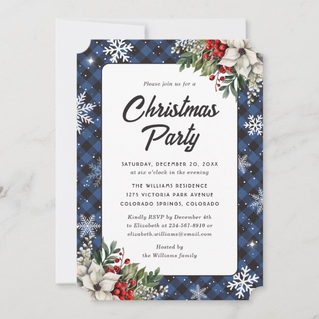 Invitation Fête de Noël Botanique carreau bleu d'hiver (Devant)