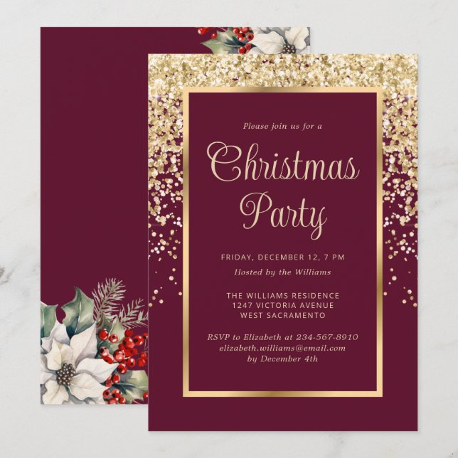 Invitation Fête de Noël botanique confettis or rouge (Devant / Derrière)