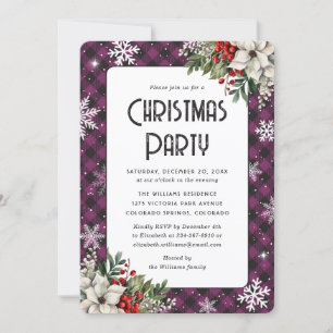 Invitation Fête de Noël botanique élégante à carreaux violets