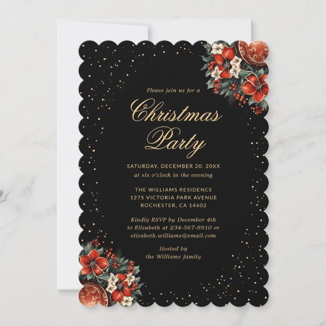 Invitation Fête de Noël botanique élégante noir or (Devant)