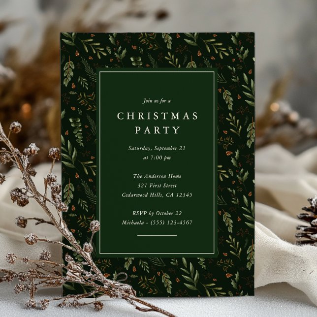 Invitation Fête de Noël botanique élégante vert foncé (Créateur téléchargé)