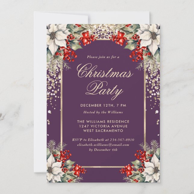 Invitation Fête de Noël botanique élégante violet or (Devant)