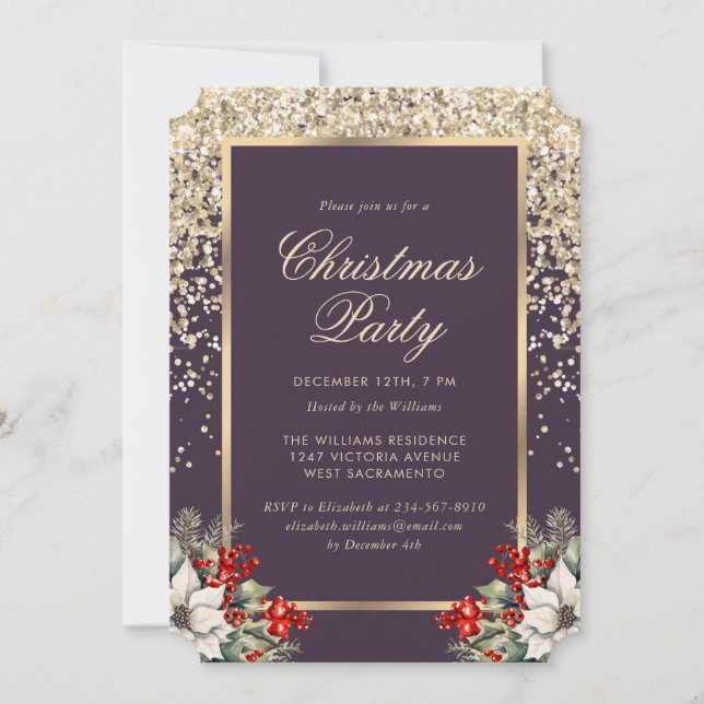 Invitation Fête de Noël botanique élégante violette et or (Devant)
