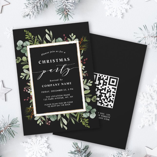 Invitation Fête de Noël Botanique Verdure avec code QR (Front & Back)