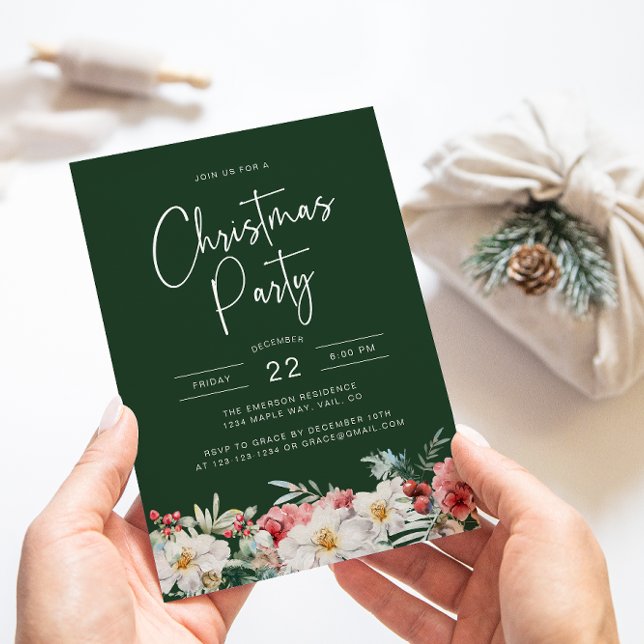 Invitation Fête de Noël botanique verte (Elegant Green Christmas Party Holiday Invitation Watercolor Berries Botanical Florals)