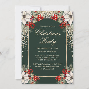 Invitation Fête de Noël botanique verte élégante en or