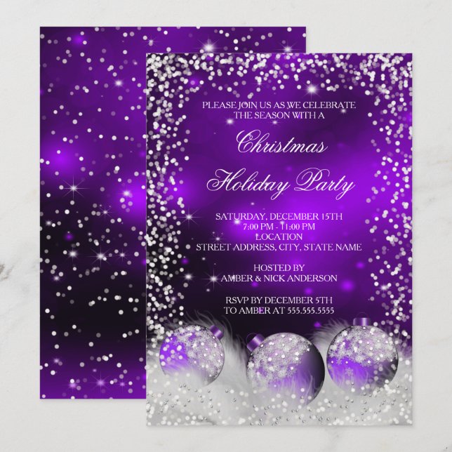 Invitation Fête de Noël Boule de Neige Violette (Devant / Derrière)