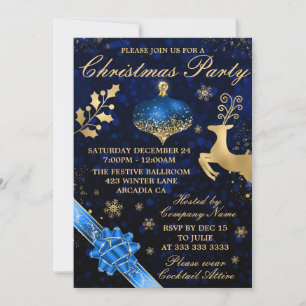 Invitation Fête de Noël boule et ruban bleu et or