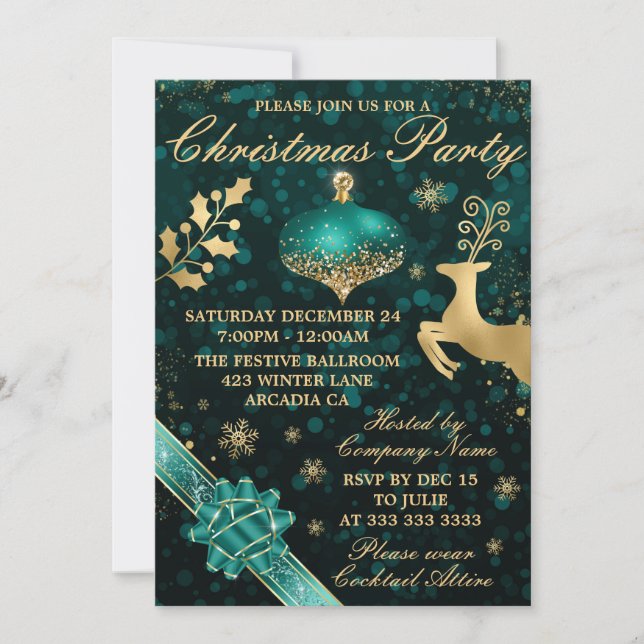 Invitation Fête de Noël boule et ruban sarcelle et or (Devant)