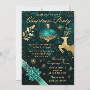 Invitation Fête de Noël boule et ruban sarcelle et or