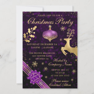 Invitation Fête de Noël boule et ruban violet et or