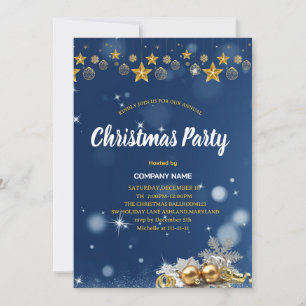 Invitation FÊTE DE NOËL Boules Bleues et Dorées Paillettes