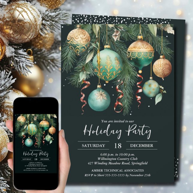Invitation Fête de Noël Boules dorées sur un arbre (Gold and Green Baubles Christmas Tree Party Invitations - INSTANT DOWNLOAD and/or PRINTED)