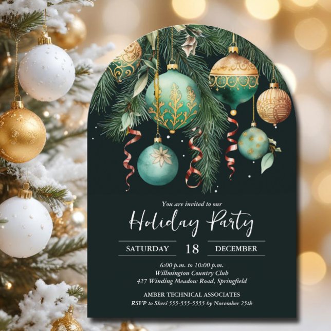 Invitation Fête de Noël Boules dorées sur un sapin (Gold and green Christmas Tree Ornaments party invitations, PRINTED and/or INSTANT DOWNLOAD)