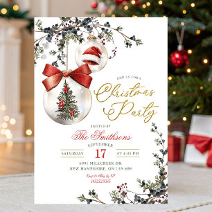Invitation Fête de Noël Boules Florales Rustique Minimaliste