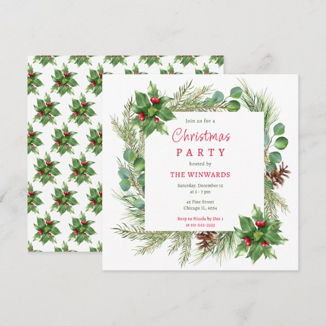 Invitation Fête de Noël Branches de Pin et Baies  (Devant / Derrière)